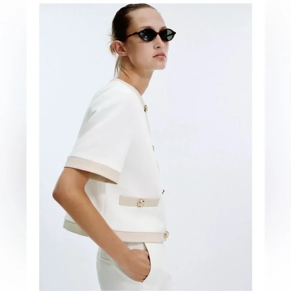ZARA Short Sleeve Combination Contrast Blazer | Small, New - Picture 11 of 16